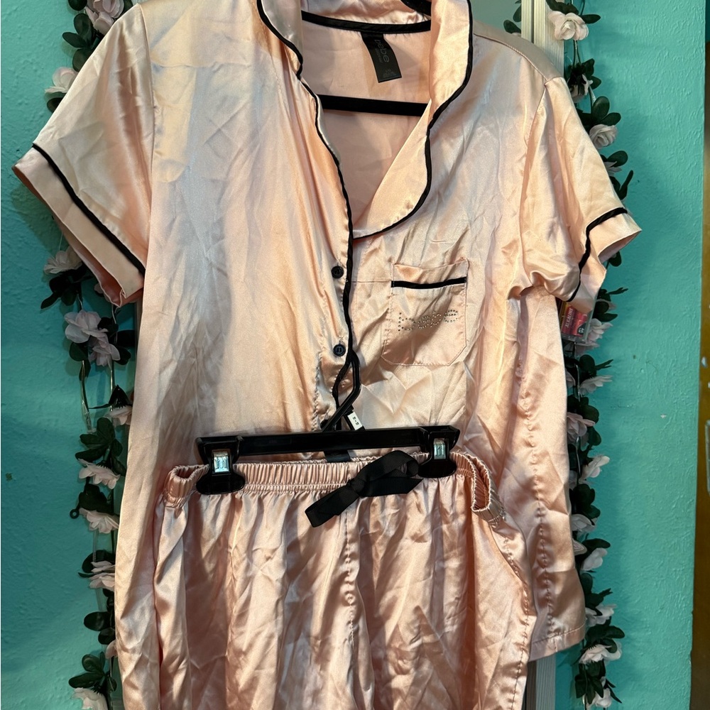 Bebe Blush Satin Top with Black Accents